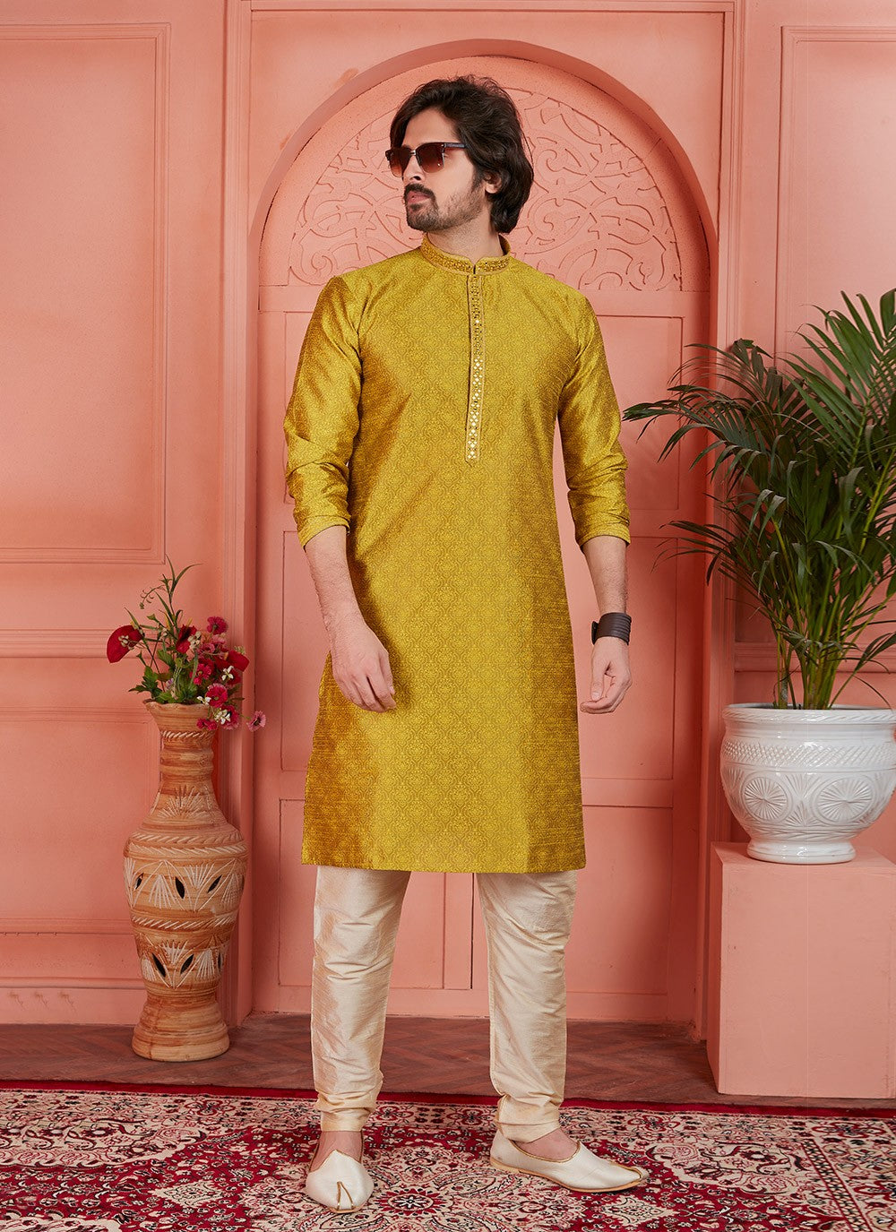 Mirror Brocade, Jacquard Silk Green Kurta Pyjama - M7752