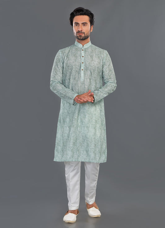 Printed Cotton Green Kurta Pyjama - M8078