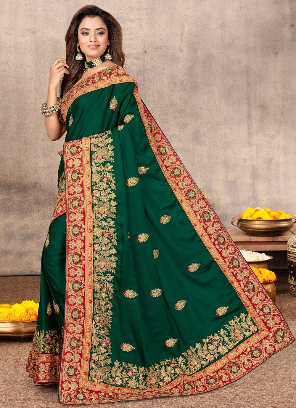 Traditional Embroidered Satin Saree - S0456