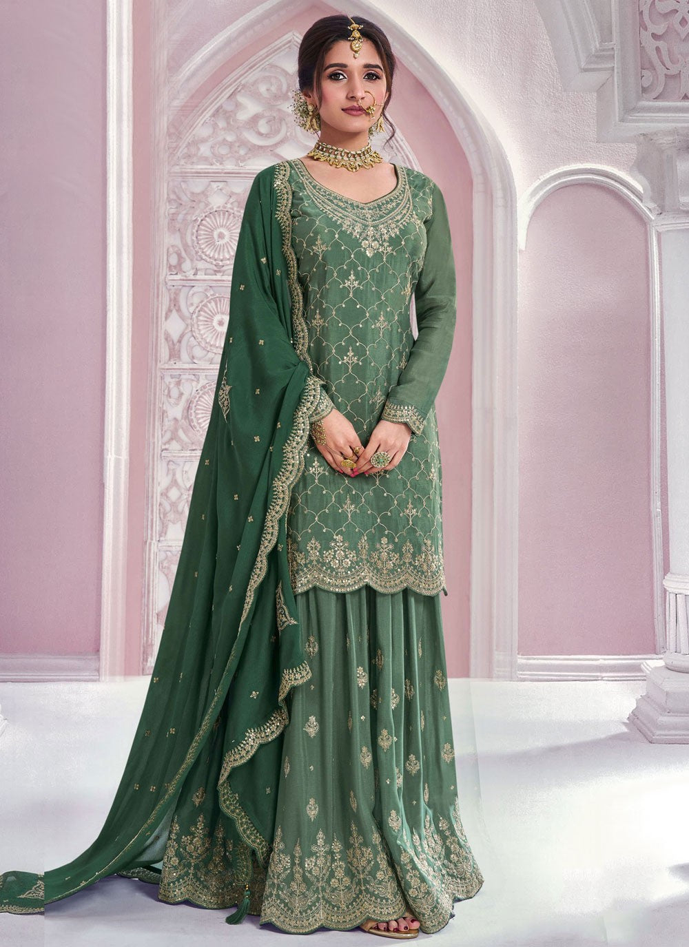 Embroidered Chinon Palazzo Suit - T4696