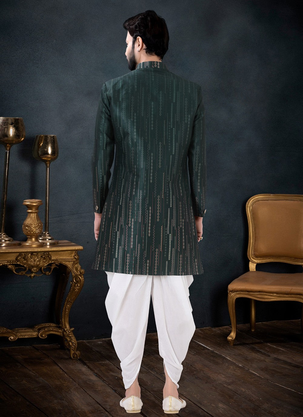 Fancy Work Silk Green Indo Western Sherwani - M4438