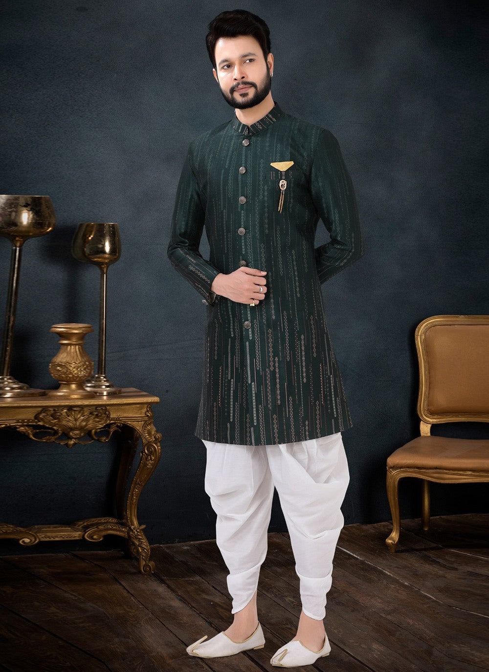 Fancy Work Silk Green Indo Western Sherwani - M4438