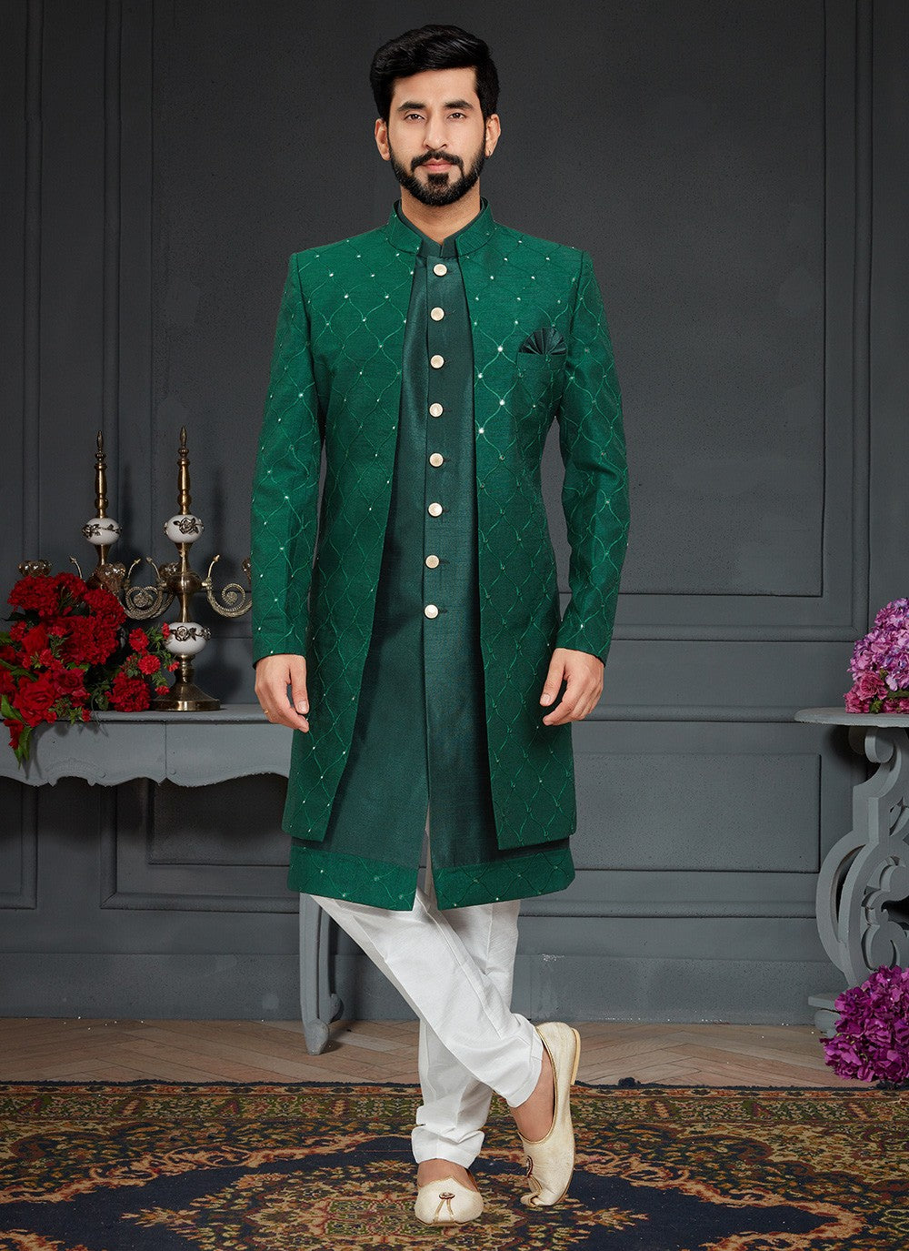 Embroidered Imported, Silk Green Indo Western - M3431