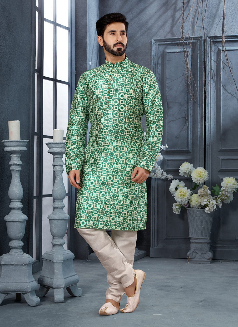 Digital Print Silk Green Kurta Pyjama - M3046