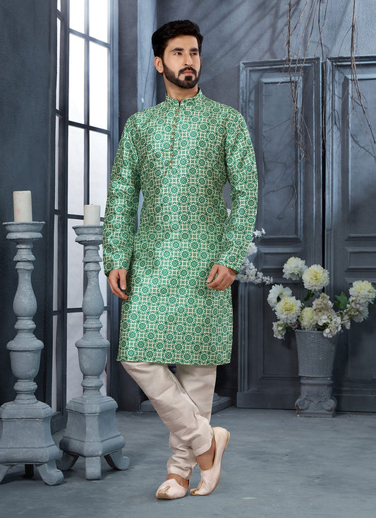 Digital Print Silk Green Kurta Pyjama - M3046