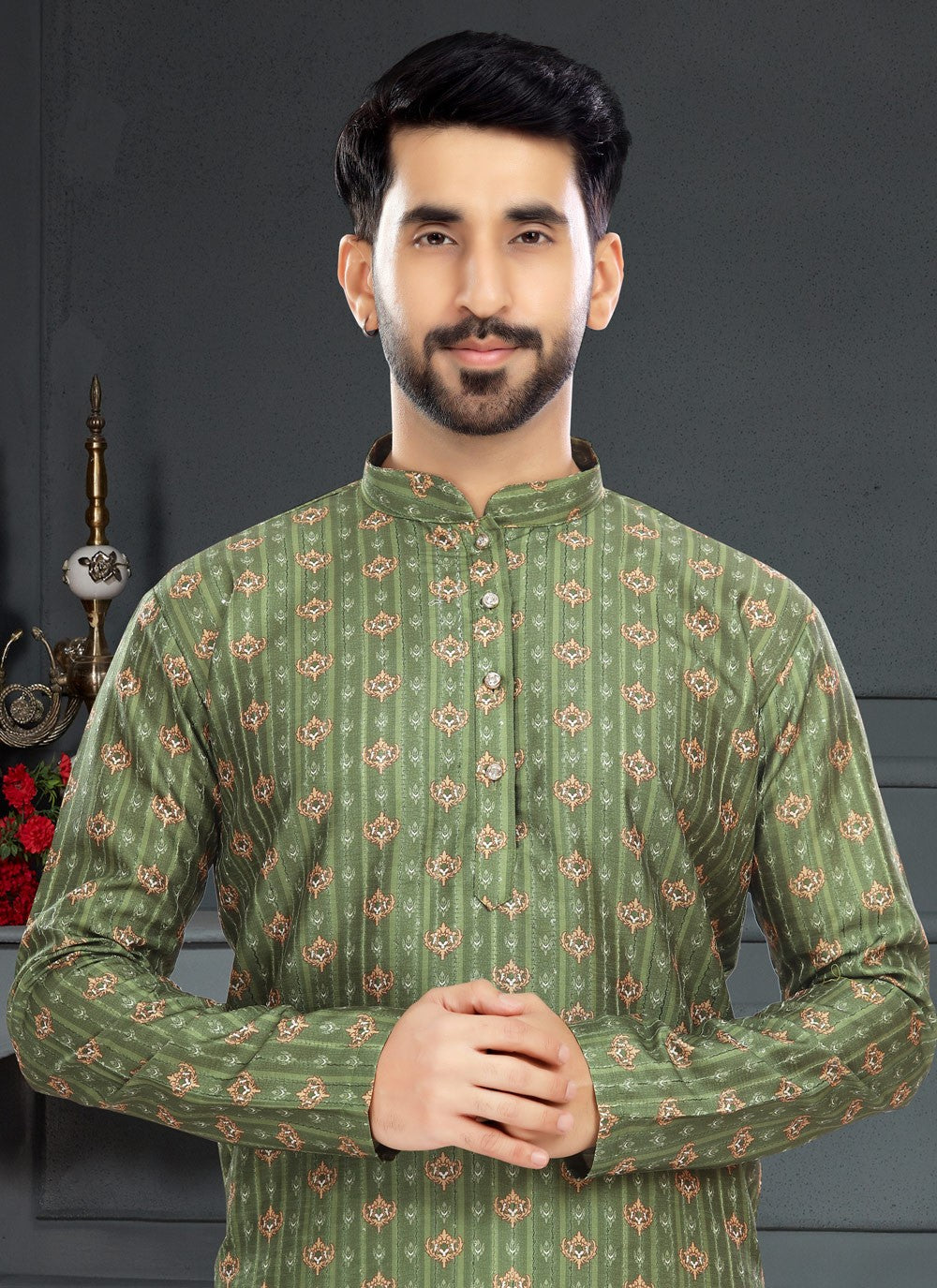 Digital Print Silk Green Kurta Pyjama - M4729