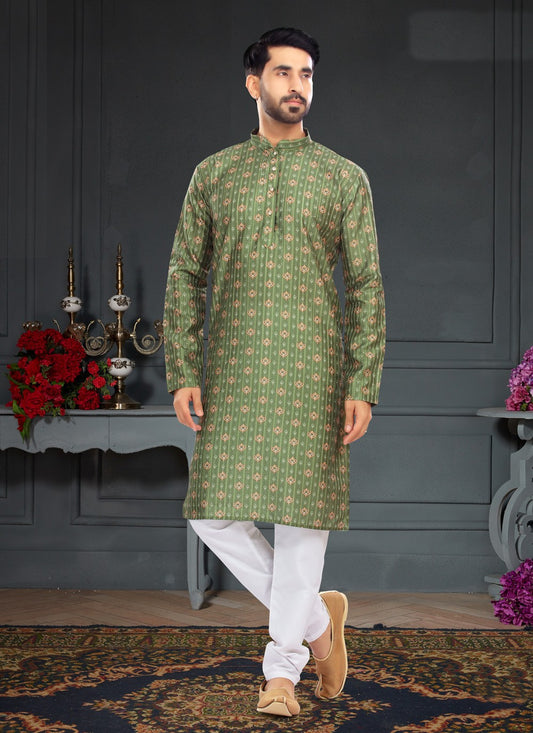 Digital Print Silk Green Kurta Pyjama - M4729