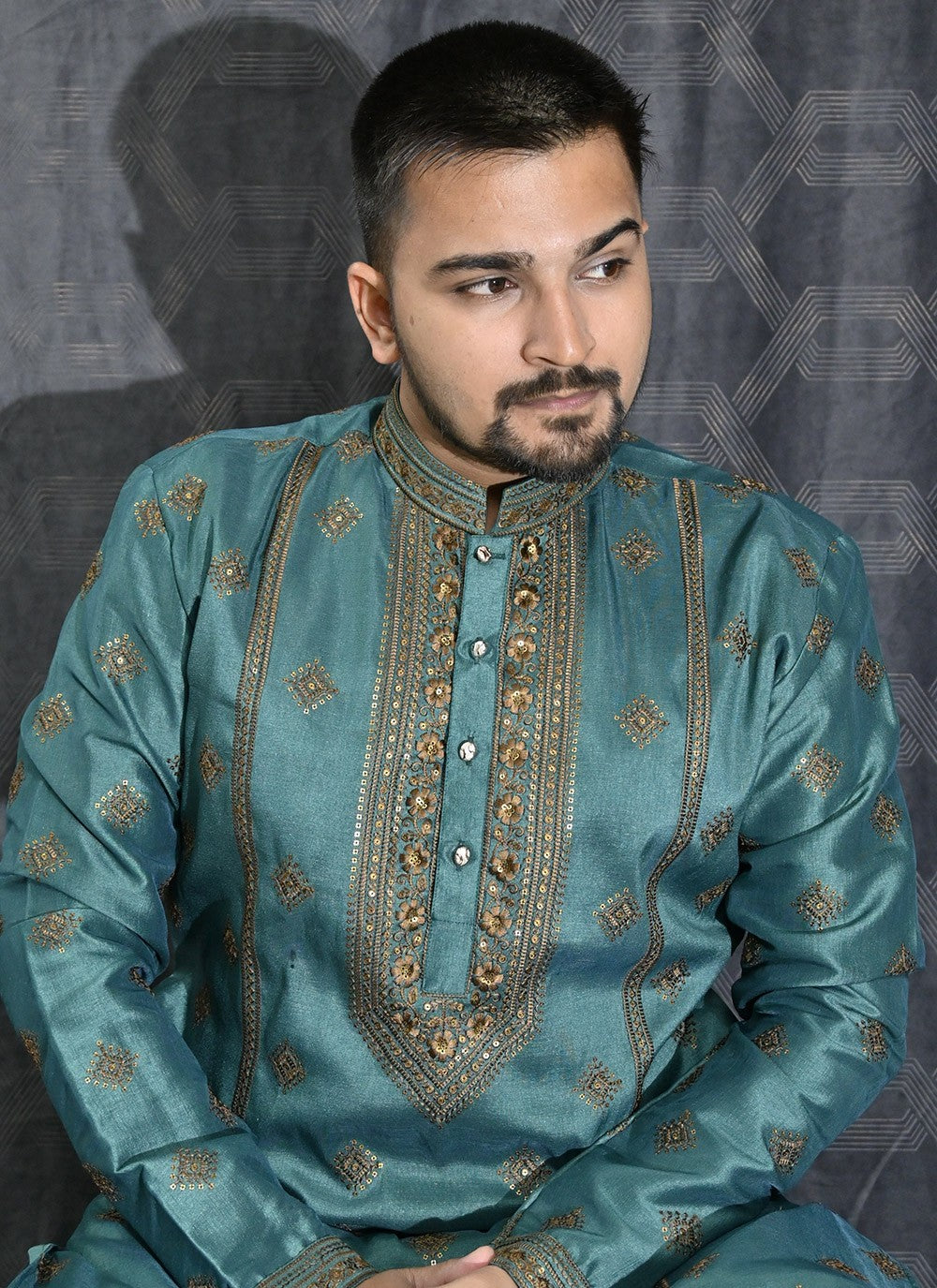 Embroidered Silk Green Kurta Pyjama - M6197