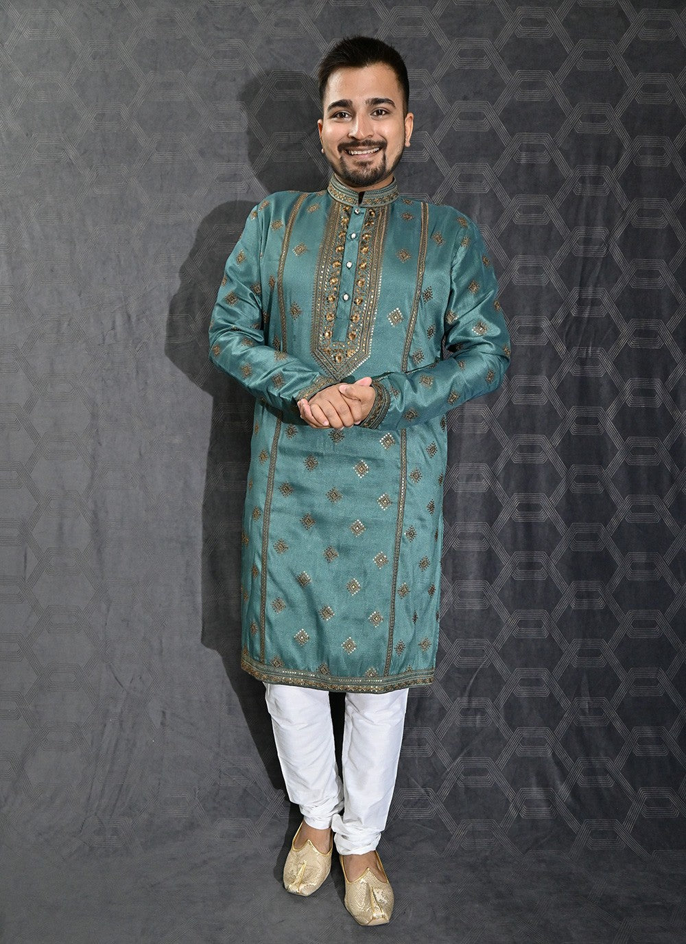 Embroidered Silk Green Kurta Pyjama - M6197