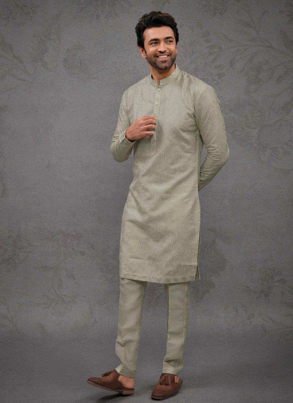 Embroidered Silk Green Kurta Pyjama - M8382