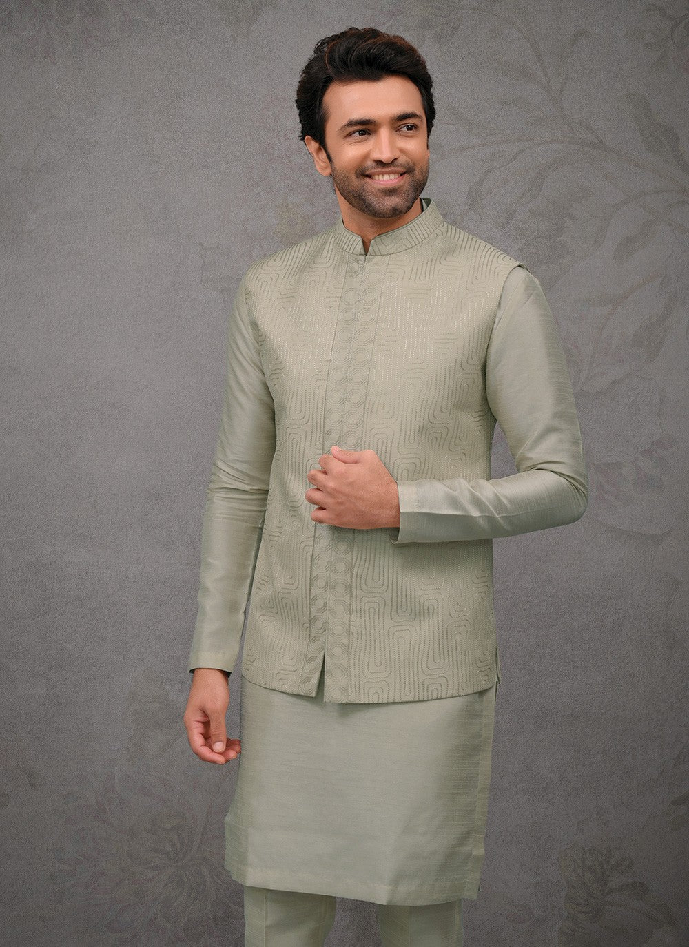 Embroidered Silk Green Kurta Payjama With Jacket - M8459