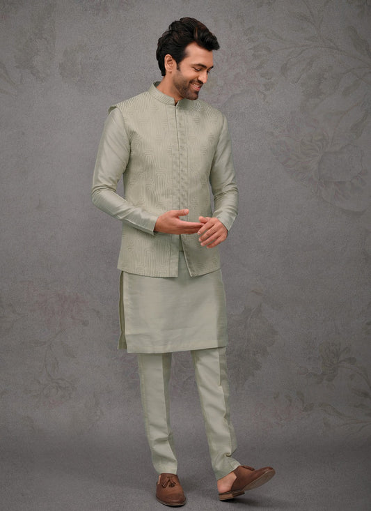 Embroidered Silk Green Kurta Payjama With Jacket - M8459