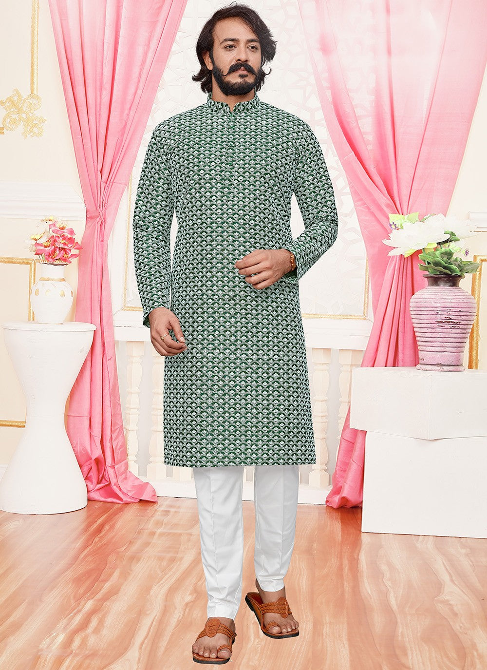 Lucknowi Work Silk Green Kurta Pyjama - M1942