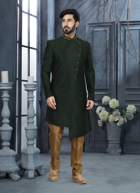 Hand Embroidery Silk Green Indo Western Sherwani - M2889