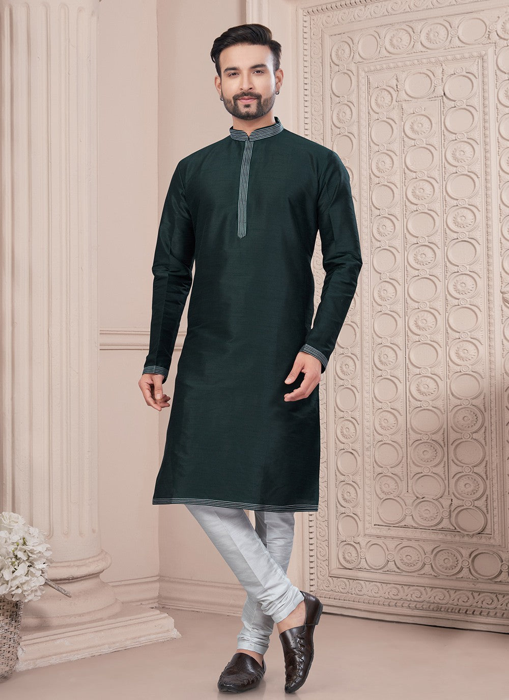 Thread Art Silk Green Kurta Pyjama - M8715