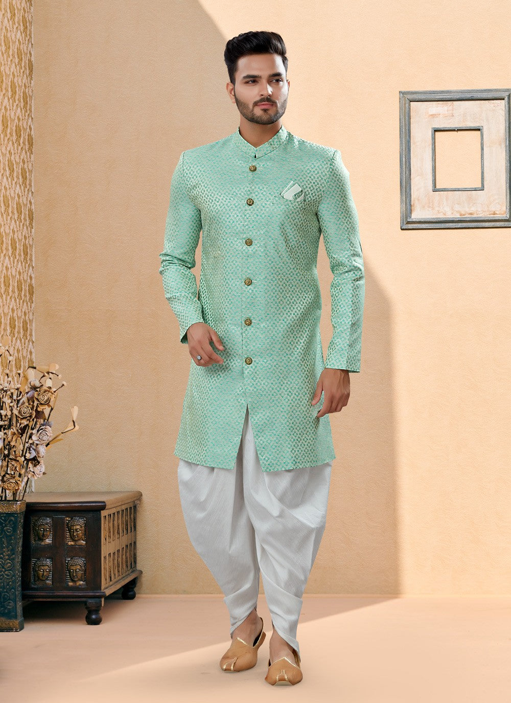 Thread Banarasi Jacquard Green Indo Western Sherwani - M3904