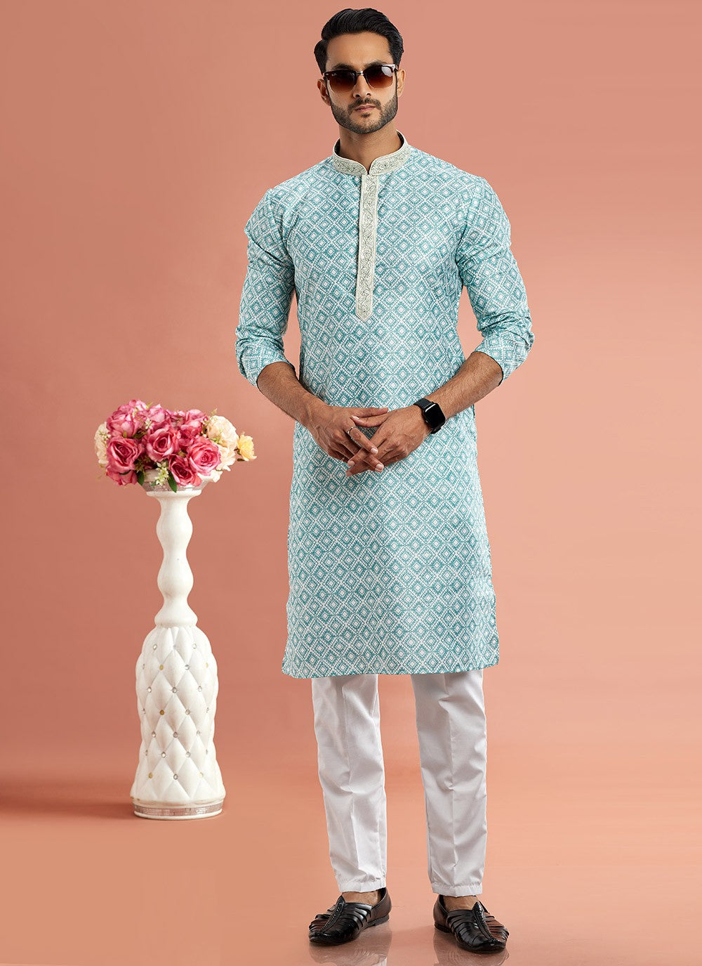 Digital Print Cotton Green Kurta Pyjama - M7088