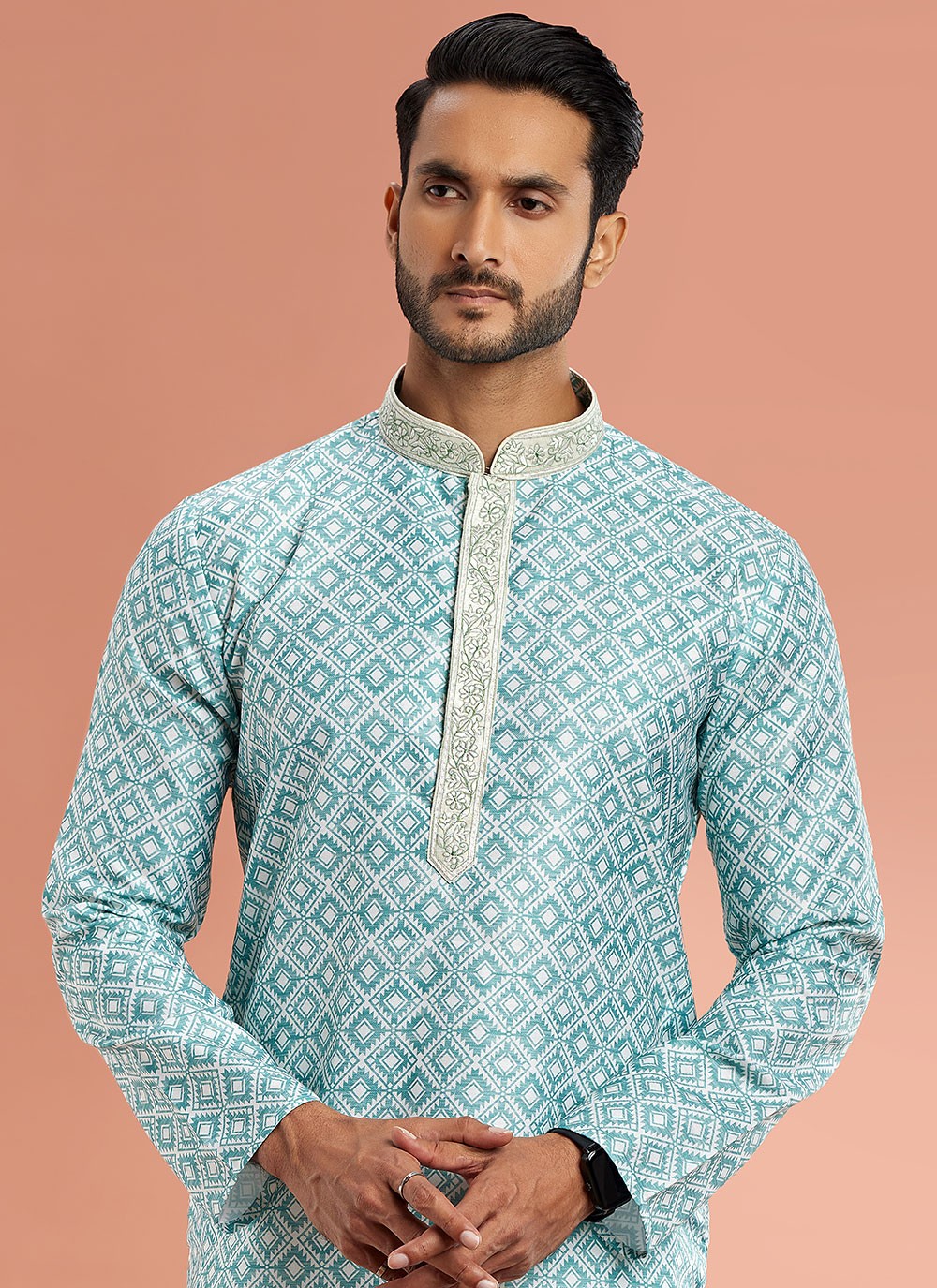 Digital Print Cotton Green Kurta Pyjama - M7088