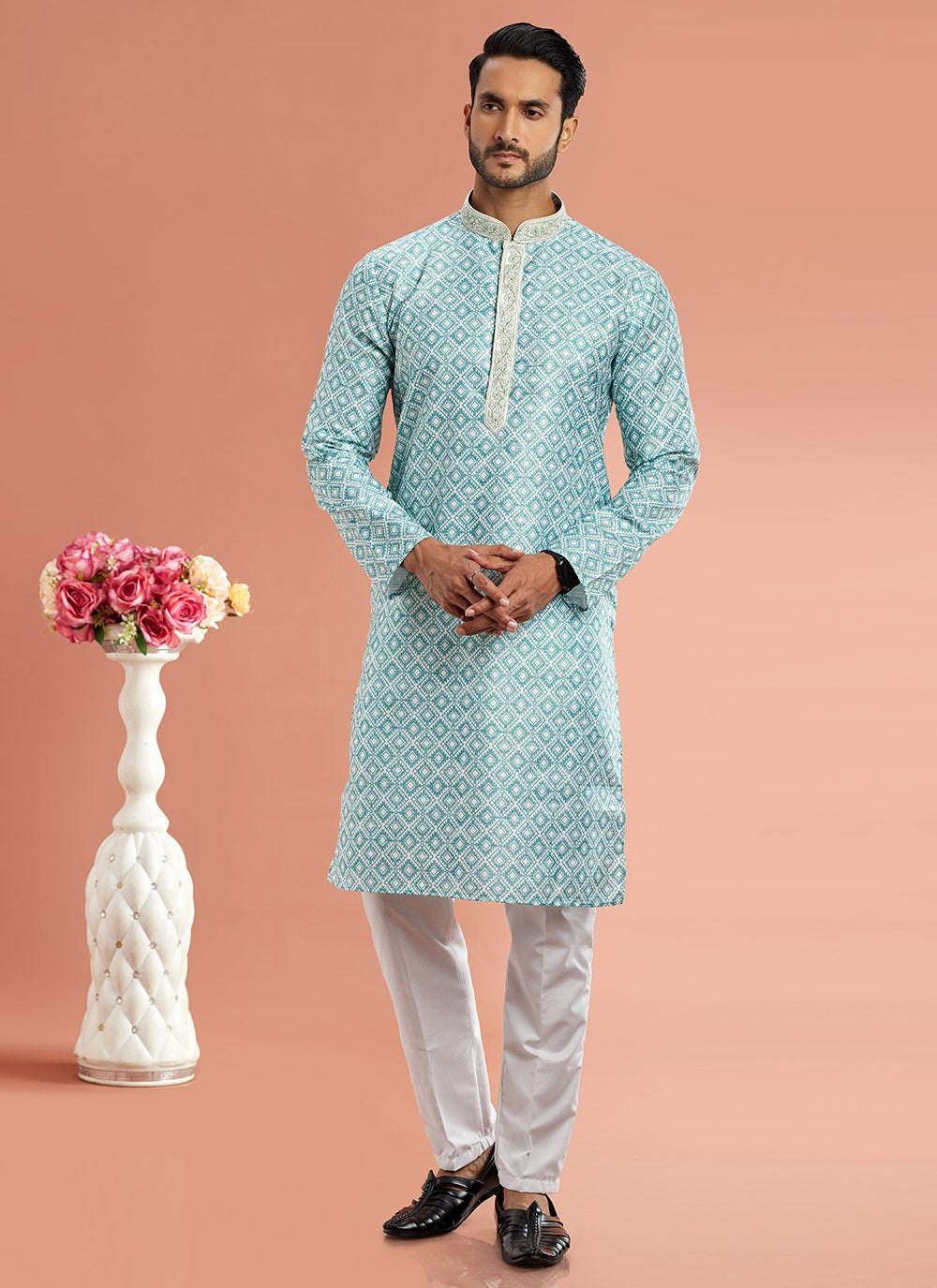 Digital Print Cotton Green Kurta Pyjama - M7088