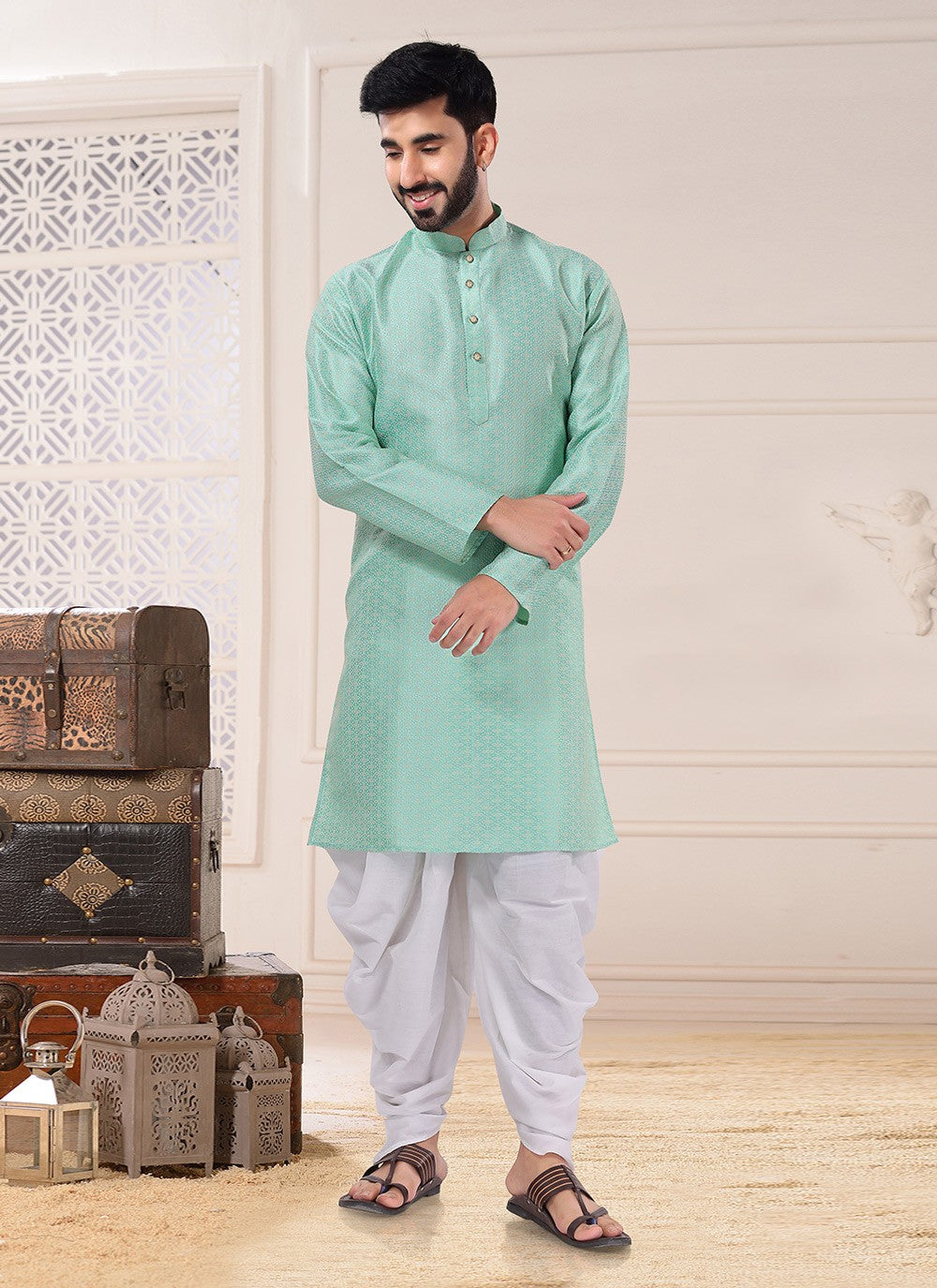 Thread Jacquard Green Dhoti Kurta - M4705