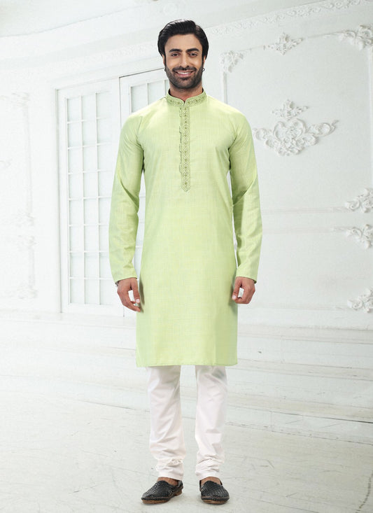 Thread Cotton , Linen Green Kurta Pyjama - M4897