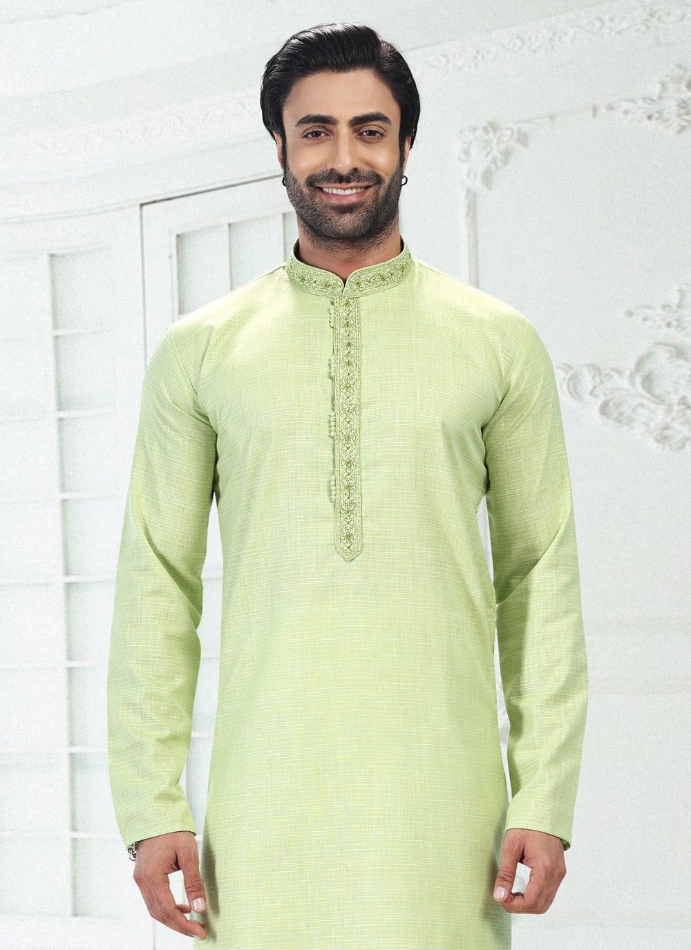 Thread Cotton , Linen Green Kurta Pyjama - M4897