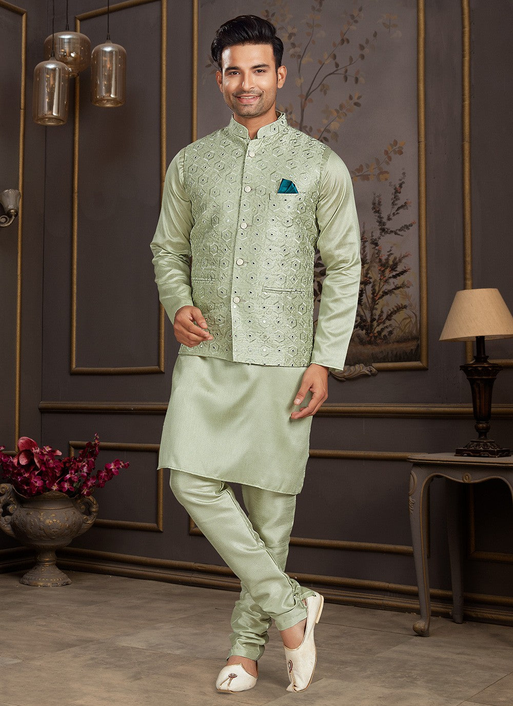 Mirror Silk Green Kurta Payjama With Jacket - M3404