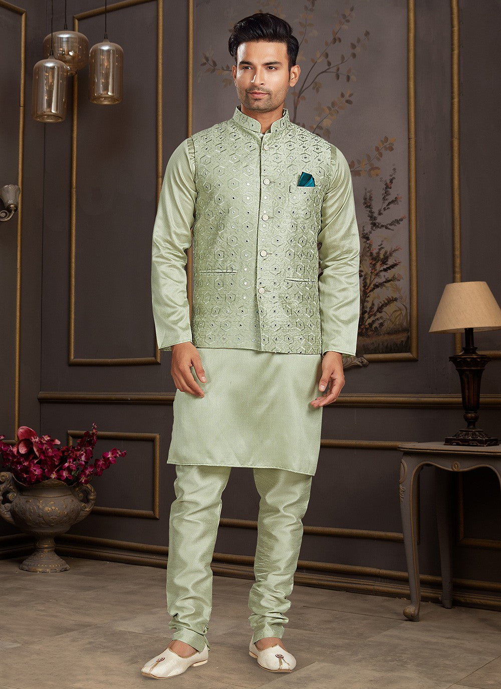 Mirror Silk Green Kurta Payjama With Jacket - M3404