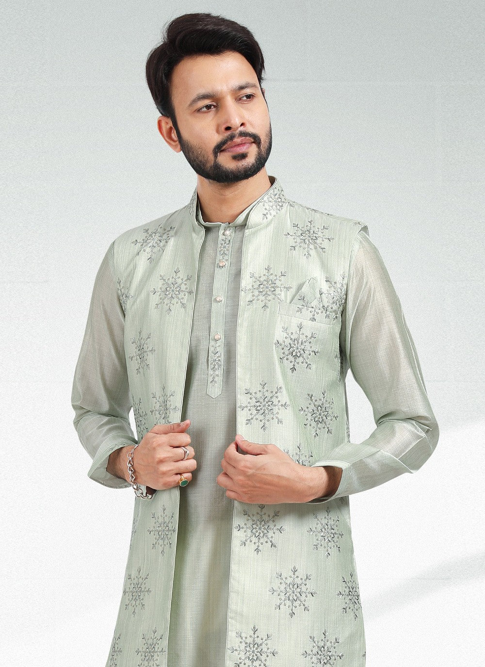 Thread Banarasi Silk Green Kurta Payjama With Jacket - M4604