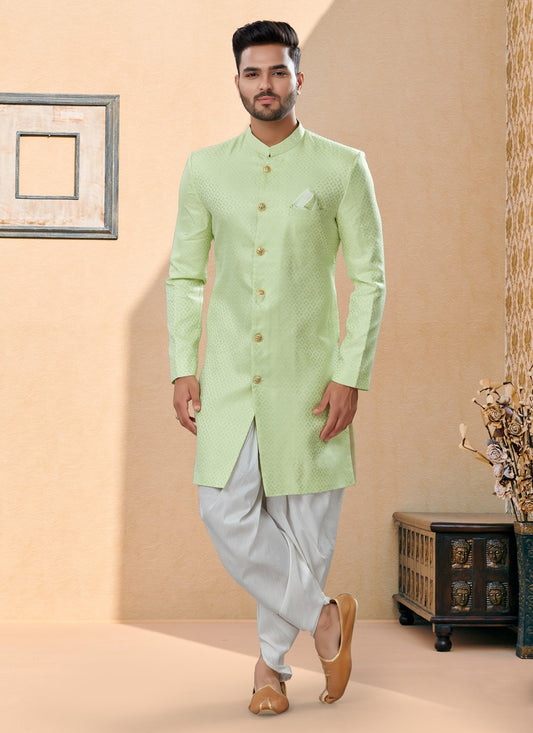 Thread Banarasi Jacquard Green Indo Western Sherwani - M3937