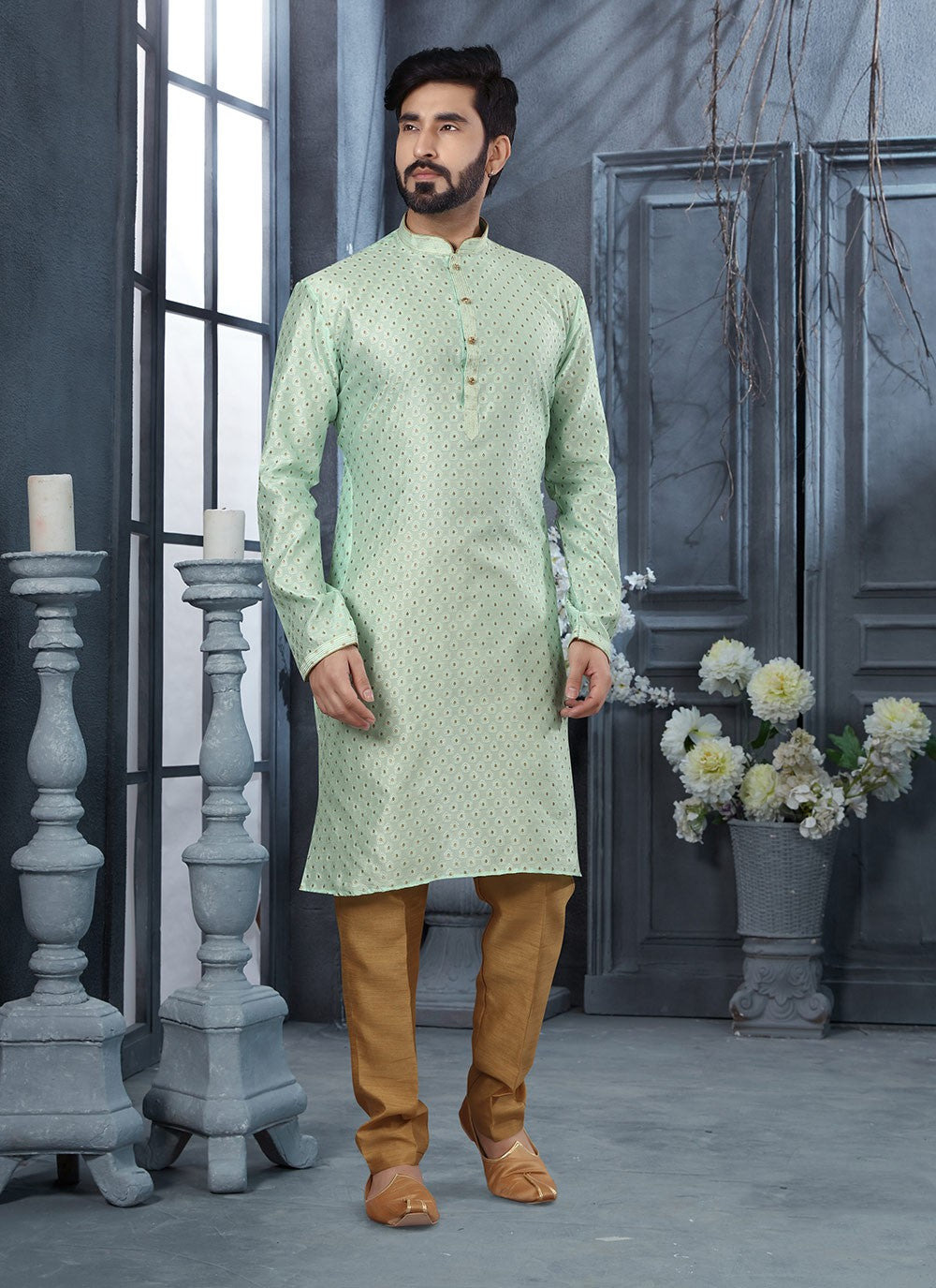 Thread Jacquard Green Kurta Pyjama - M3033