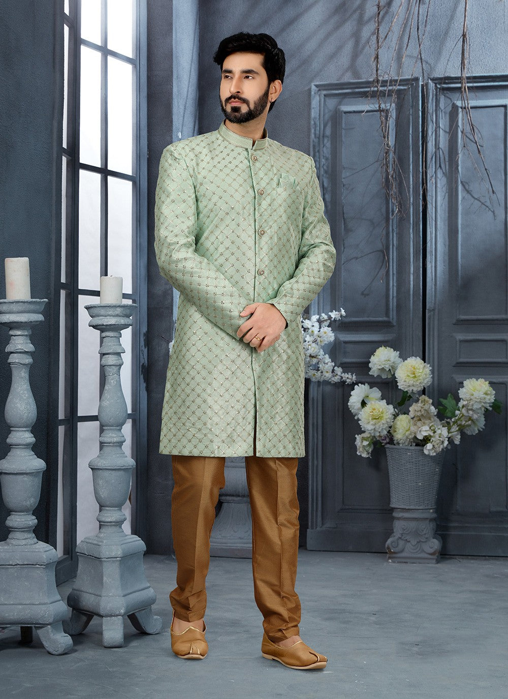 Stones Jacquard Green Sherwani - M2914