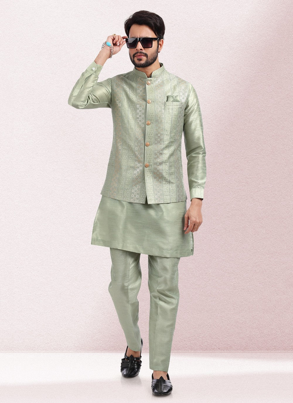 Embroidered Banarasi Silk Green Kurta Payjama With Jacket - M5136