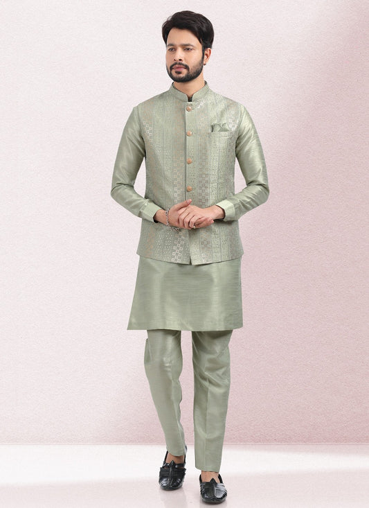 Embroidered Banarasi Silk Green Kurta Payjama With Jacket - M5136