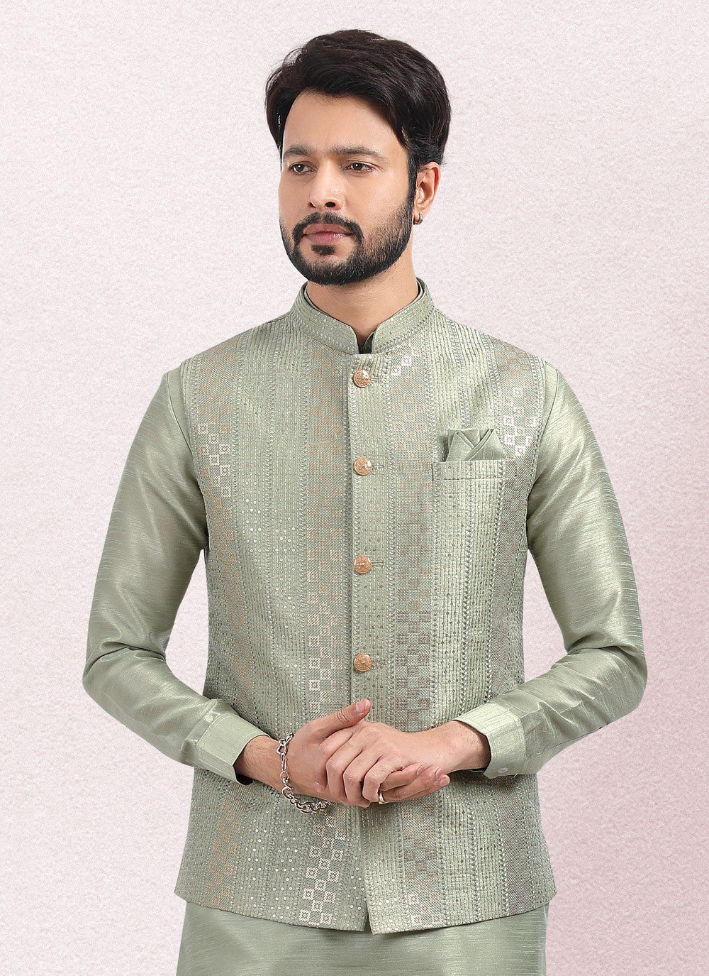 Embroidered Banarasi Silk Green Kurta Payjama With Jacket - M5136