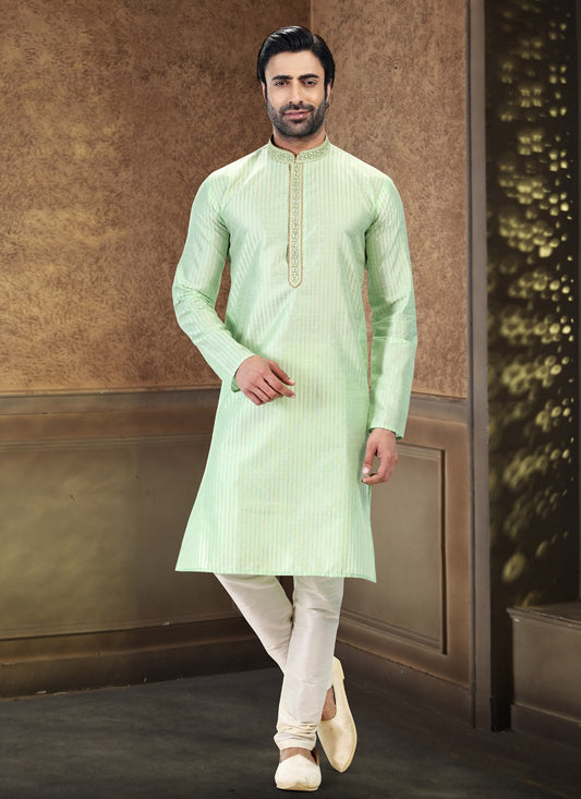 Fancy Work Art Silk, Jacquard Green Kurta Pyjama - M4869