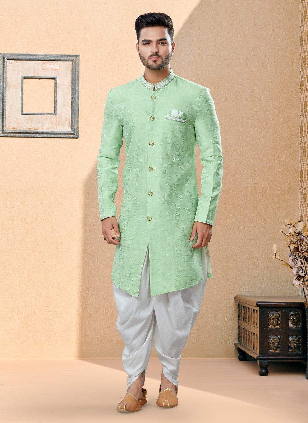 Thread Banarasi Jacquard Green Indo Western Sherwani - M3885