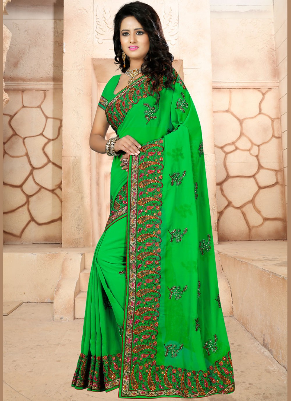 Trendy Embroidered Faux Georgette Saree - S0084