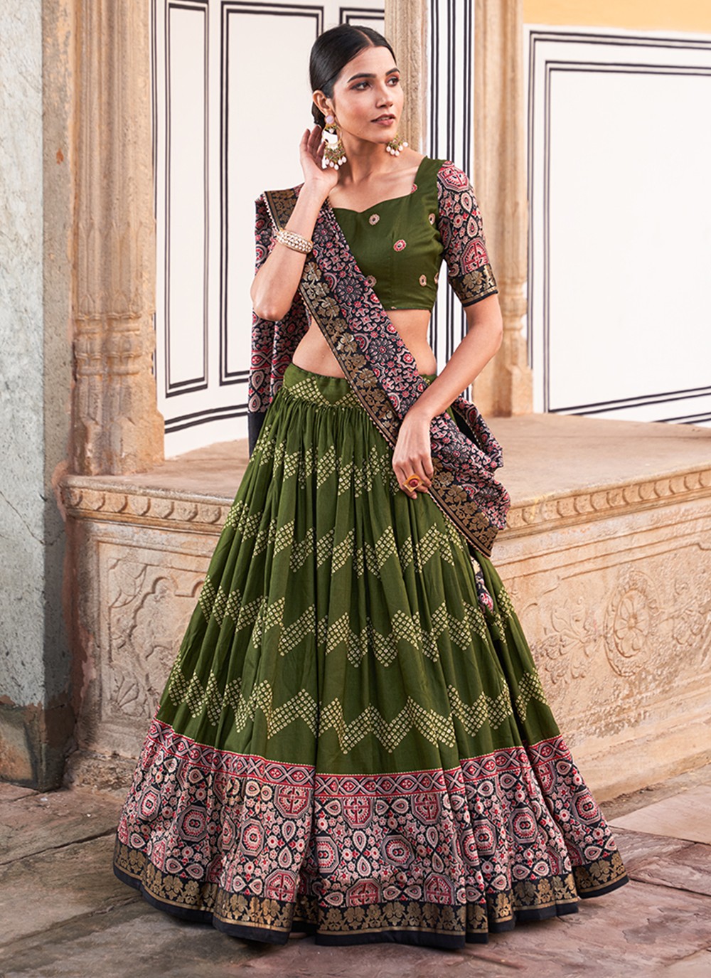 Foliage Prints Tussar Silk A - Line Lehenga - L1518