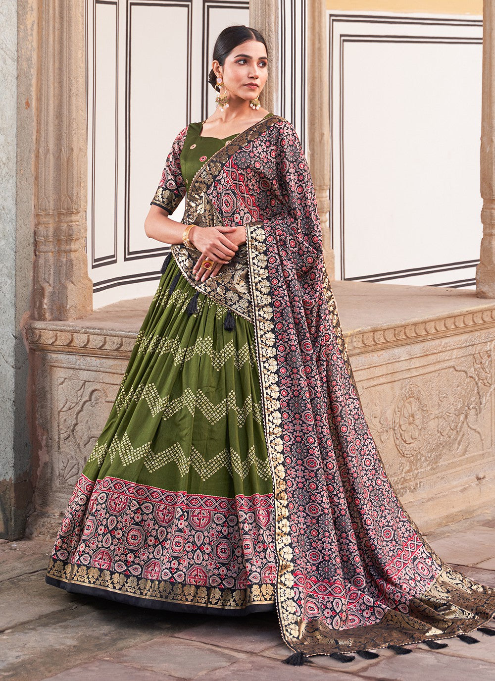 Foliage Prints Tussar Silk A - Line Lehenga - L1518