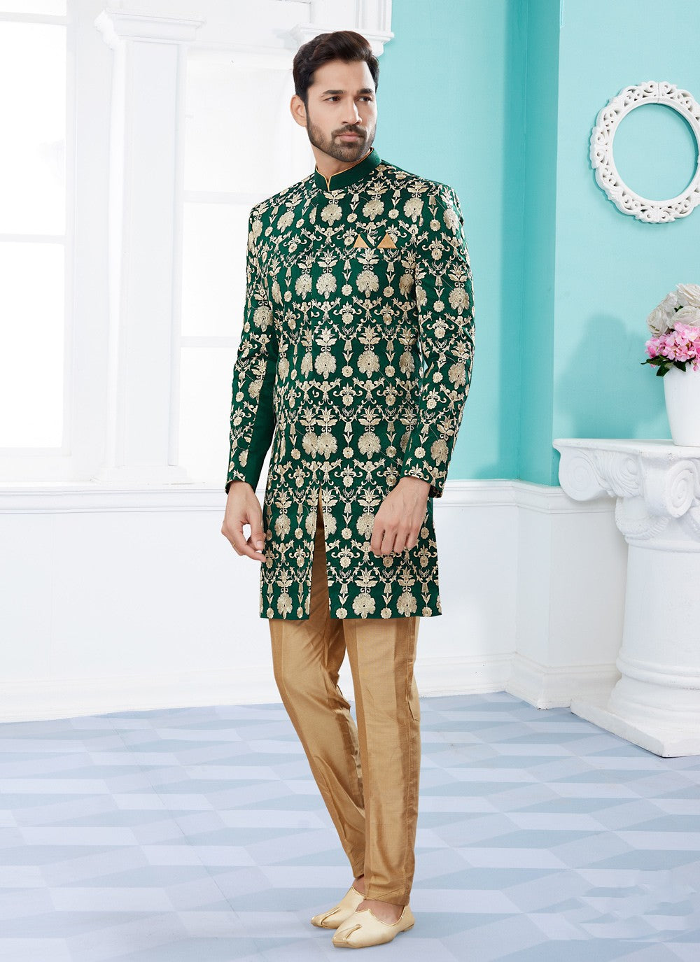 Machine Embroidery Velvet Green Indo Western Sherwani - M3923