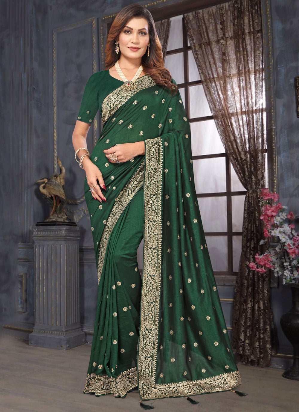 Classic Embroidered Vichitra Silk Saree - S7357