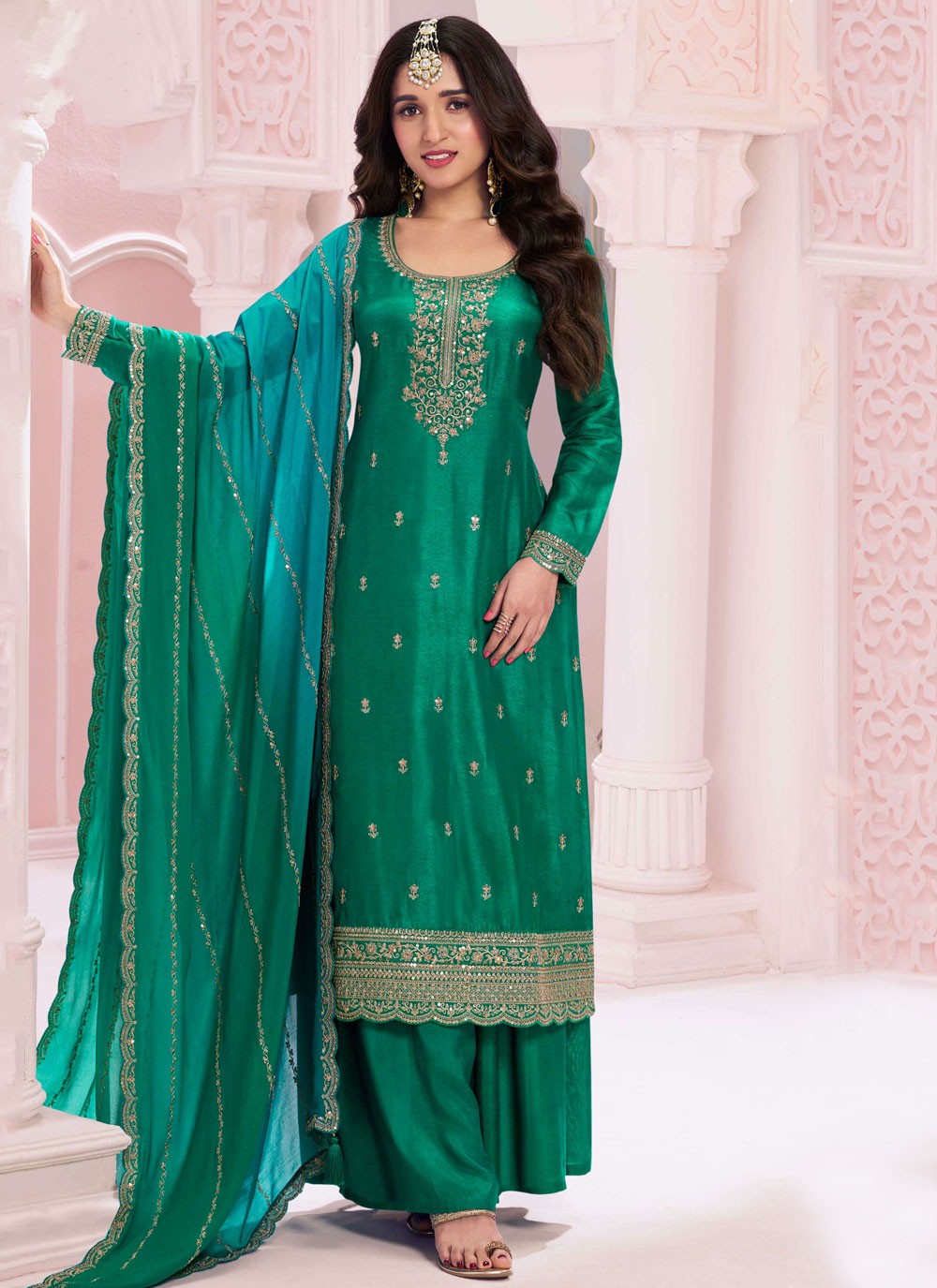 Embroidered Vichitra Silk Palazzo Suit - T4440