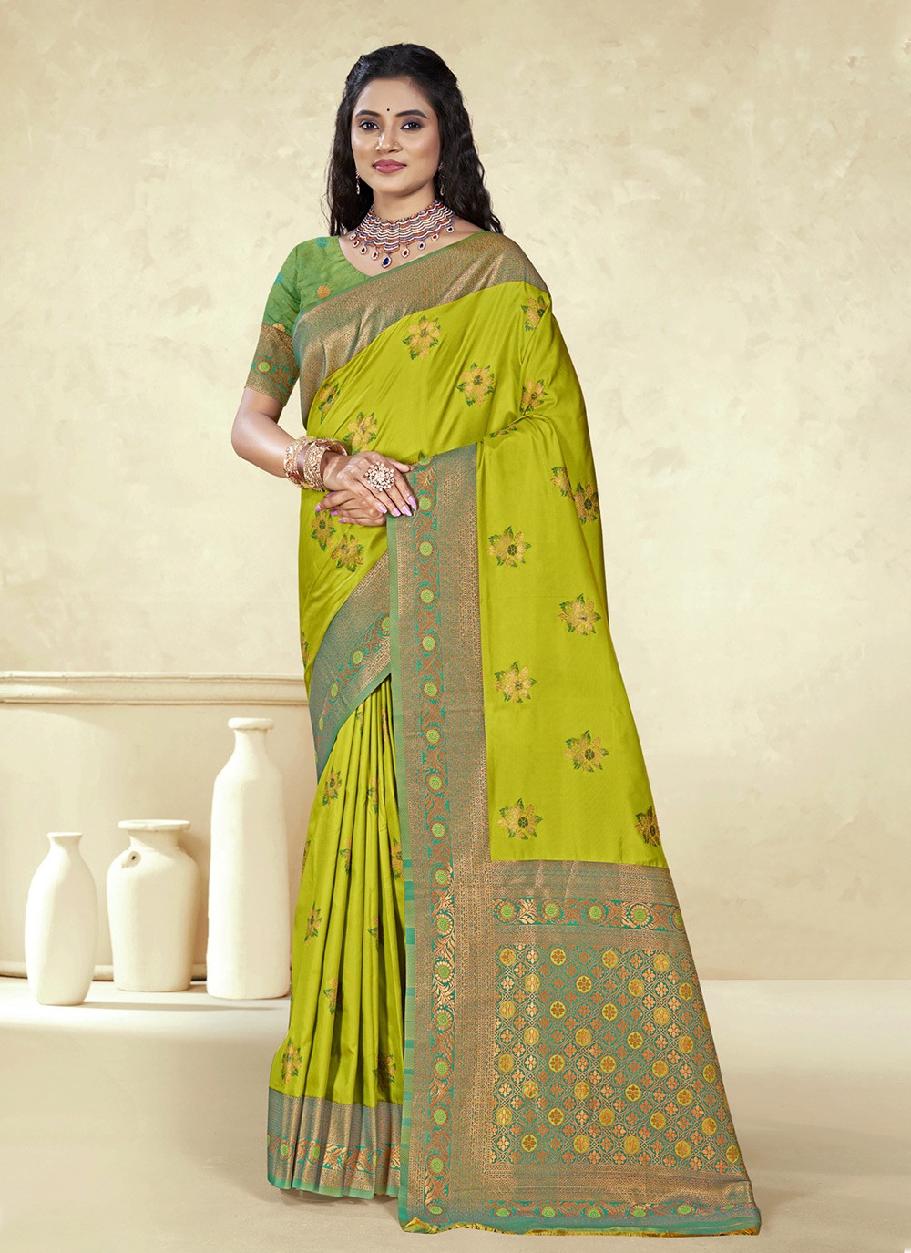 Classic Weaving Zari Silk Green Saree - S11094