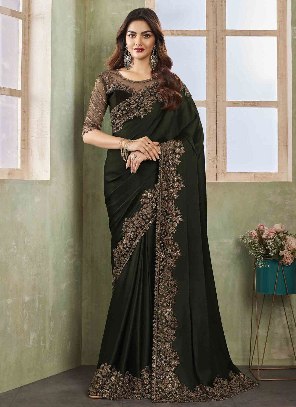 Classic Border Work Chiffon, Satin Saree - S5894