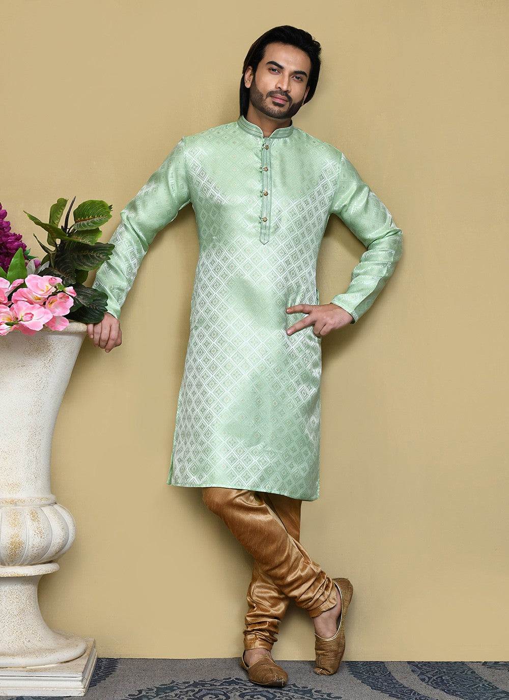 Resham Art Silk Green Kurta Pyjama - M7853