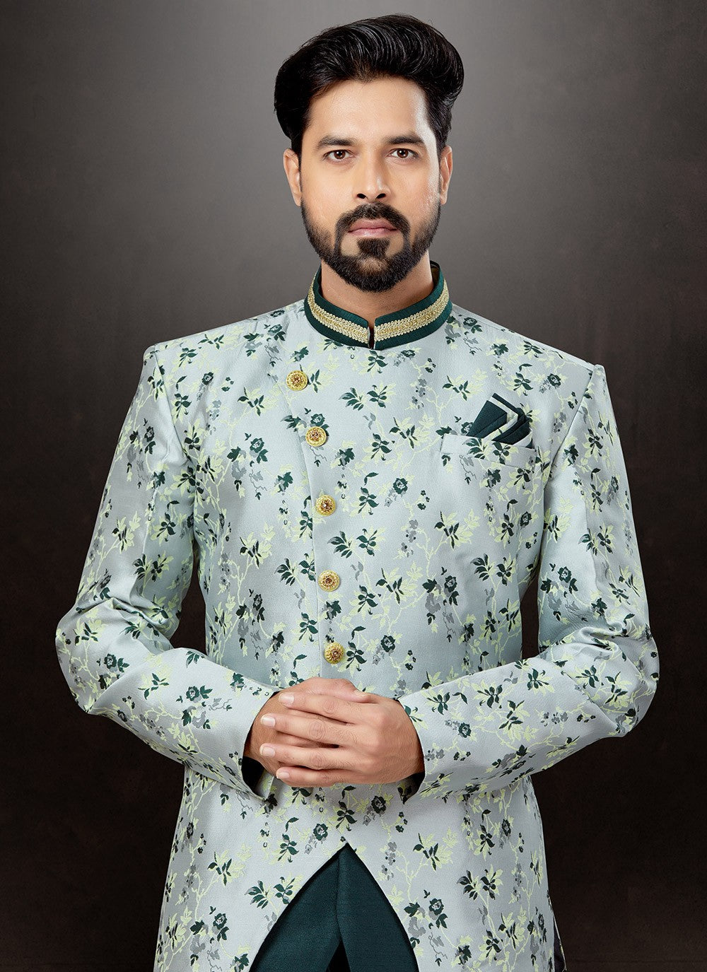 Embroidered Banarasi Jacquard Green Indo Western Sherwani - M4800