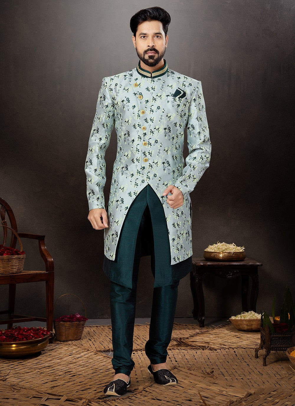 Embroidered Banarasi Jacquard Green Indo Western Sherwani - M4800