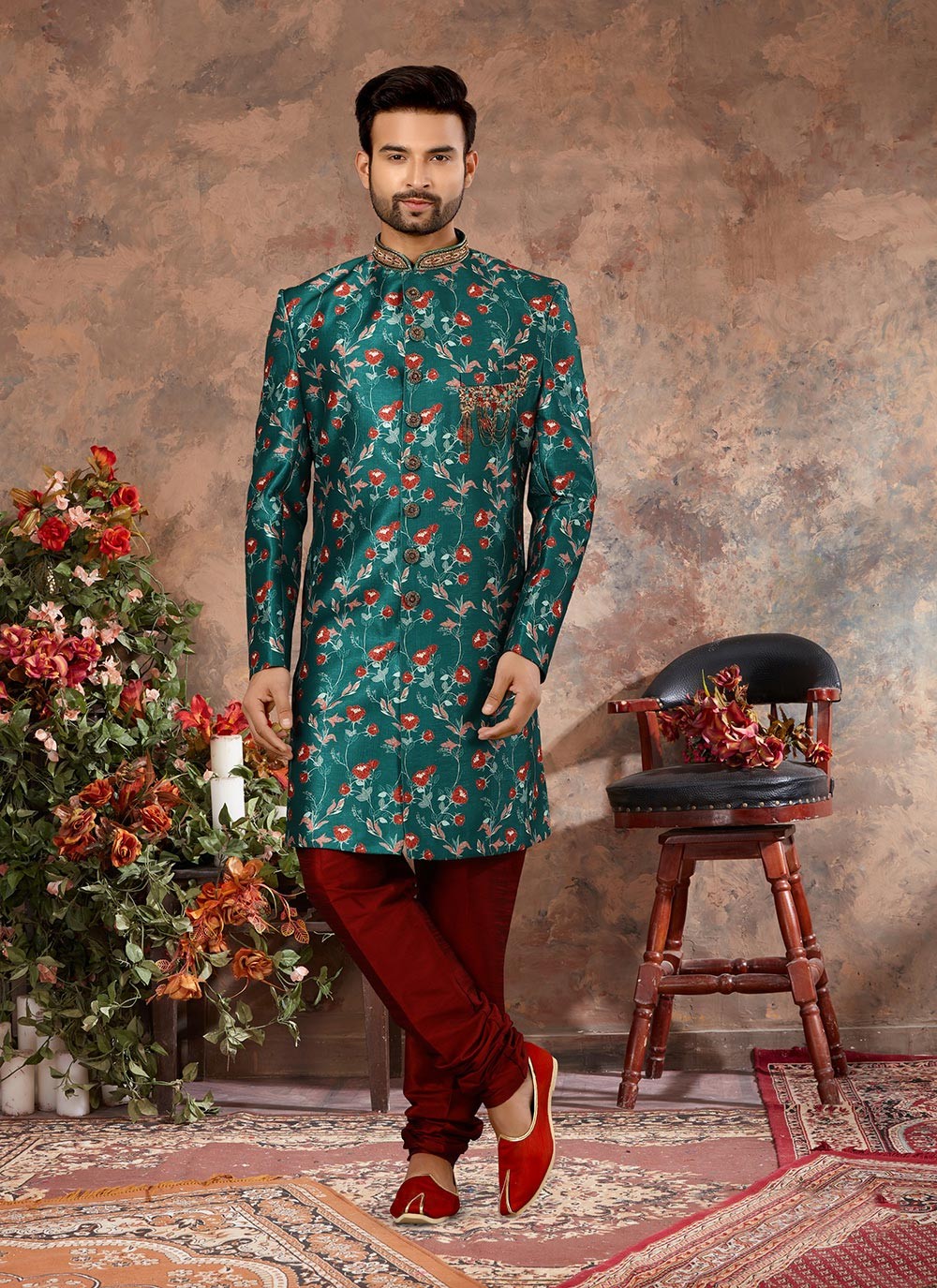 Digital Print Jacquard Green Sherwani - M2913