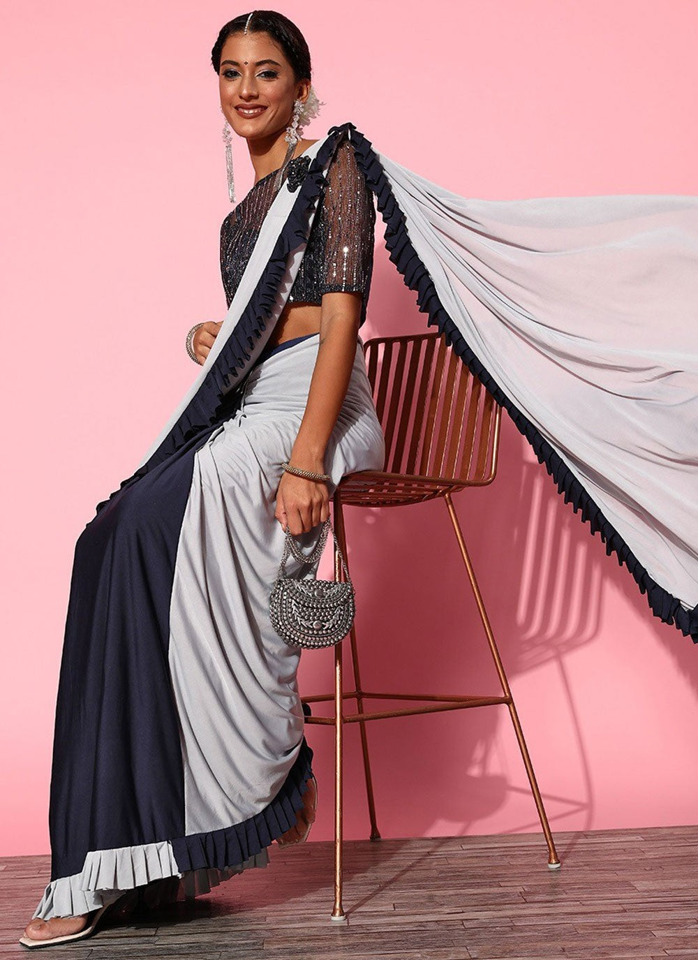 Designer Border Work Fancy Fabric Grey, Navy Blue Saree - S10743